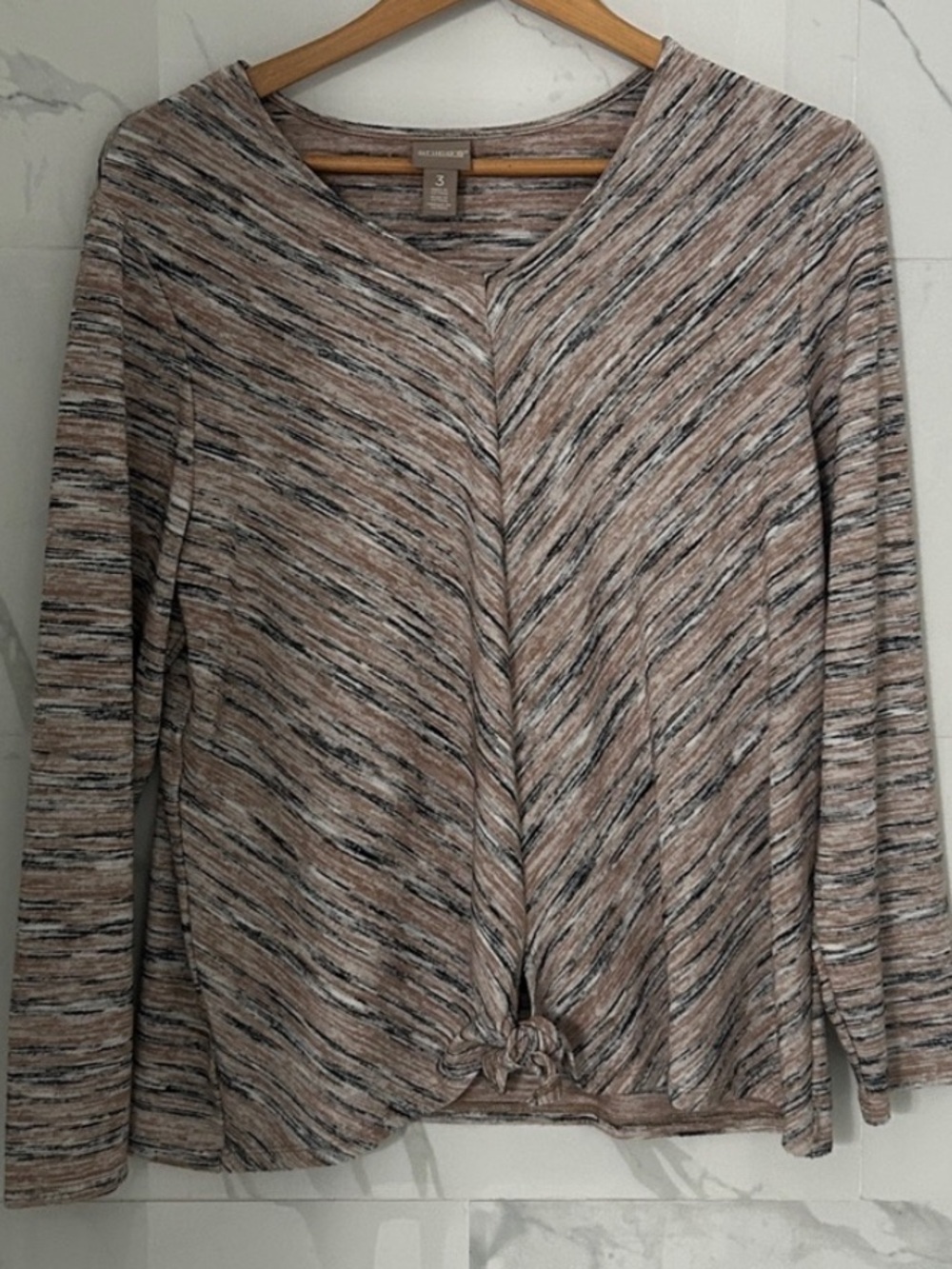 Chico's Multitone Taupe & Gray V-Neck Tie-Front Long Sleeve Top, 3 or Sz 16